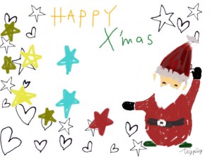 クリスマスのフリー素材:ポップなサンタクロースと水玉と水彩風のにじみの無料イラスト;640×480pix 