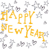 年賀状のフリー素材;HAPPY NEW YEARの手書き文字とモノトーンのハートと星;200×200pix 