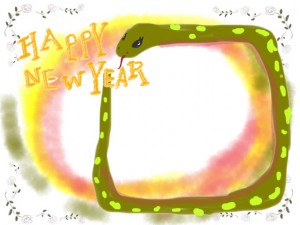 年賀状のフリー素材:かわいいヘビ(巳)とHAPPY NEW YAERの手書き文字の無料イラスト;640×480pix 