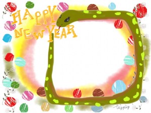 ガーリーなヘビ(巳)とHAPPY NEW YAERの手書き文字:バナー広告,web制作のフリー素材;640×480pix