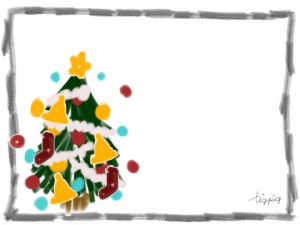 クリスマスのフリー素材:ポップなクリスマスツリーのイラストとモノトーンのラフな鉛筆の囲み枠;640×480pix 