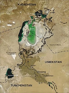 アラル海（2004年）黒線は1850年の湖岸線。湖付近の白いものは塩南西部の小さい湖はアムダリヤ流域での灌漑後の排水が本流に戻されることなく低地に溜まることによって増大の一途を辿るサリカミシュ湖である。