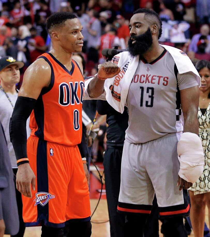 The series will offer a matchup of the top two MVP candidates in Russell Westbrook and James Harden. Photo: Michael Wyke, FRE / FR33763 AP