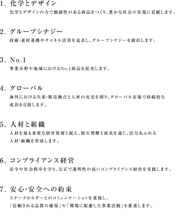 
                            １．化学とデザイン
                            　　化学とデザインの力で独創性のある商品をつくり、豊かな社会の実現に貢献します。
                            ２．グループシナジー
                            　　技術・素材連携やチャネル活用を追求し、グループシナジーを創出します。
                            ３．No.1
                              　事業分野や地域におけるNo.1商品を拡充します。
                            ４．グローバル
                            　　海外における生産・販売拠点と人材の充実を図り、グローバル市場で持続的な成長を目指します。
                            ５．人材と組織
                            　　人材を最も重要な経営資源と捉え、相互理解と成長を通じ、活力あふれる人材・組織を形成します。
                            ６．コンプライアンス経営
                            　　法令や社会秩序を守り、公正で透明性の高いコンプライアンス経営を実践します。
                            ７．安心・安全への約束
                            　　ステークホルダーとのコミュニケーションを重視し、
                            　　「信頼される品質の確保」や「環境に配慮した事業活動」を推進します。