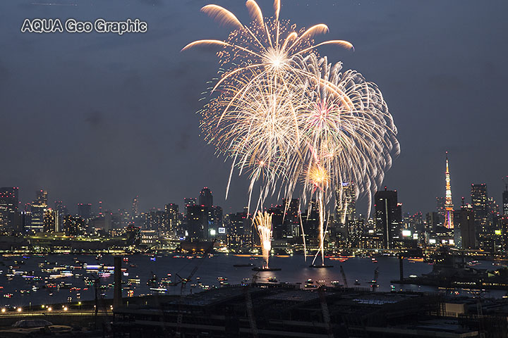 有明の高層マンションから「東京湾大華火祭」　東京タワー
