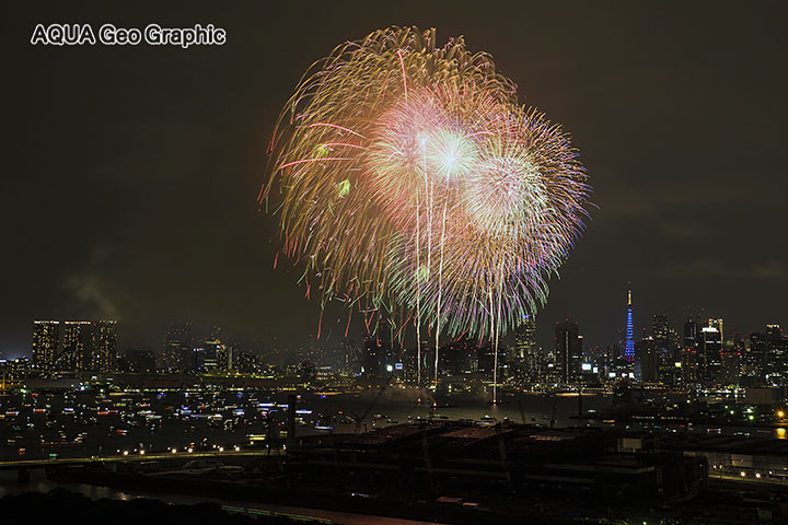 有明の高層マンションから「東京湾大華火祭」　東京タワー