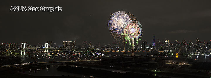有明の高層マンションから「東京湾大華火祭」　レインボーブリッジ