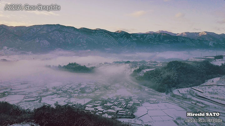 ドローン空撮 甲府盆地 雪景色