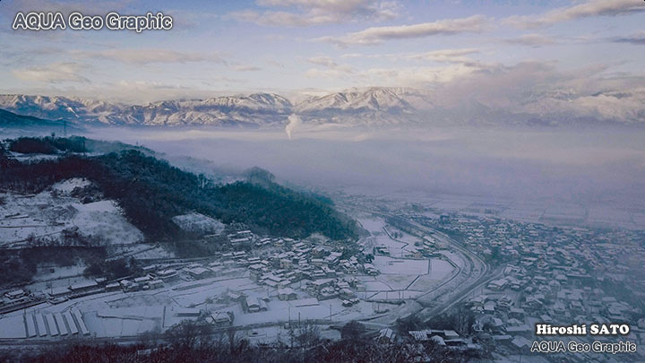 ドローン空撮 甲府盆地 雪景色 南アルプス