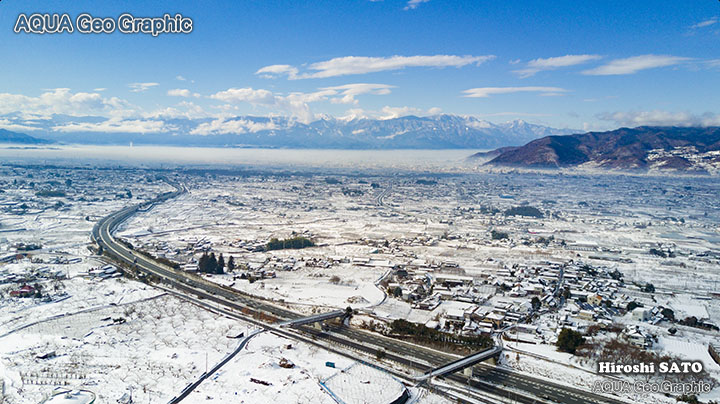ドローン空撮 甲府盆地 雪景色 南アルプス