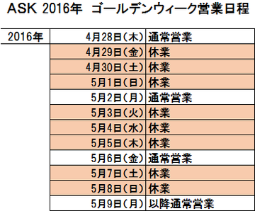 ゴールデンウィークの営業日程について