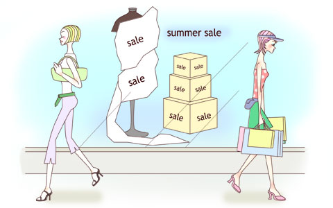 「SALE」の文字が踊る店の前を見向きもせずに足早に歩き去る人物の絵