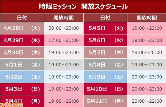 イベント開放スケジュール