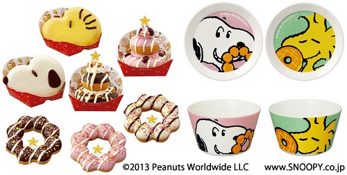 ↑ スヌーピーとのコラボによるドーナツなどと、「misdo SNOOPYクリスマスセット」で手に入るペアボウル・ペアプレート