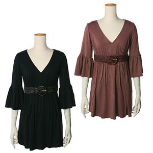 ラピス メッシュベルト付 ストレッチレーヨン七分袖チュニックプルオーバー ブラック