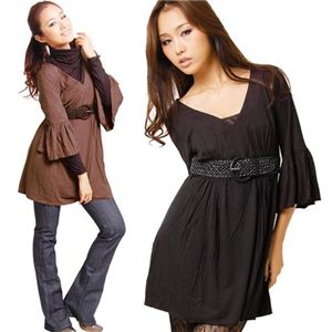 ラピス メッシュベルト付 ストレッチレーヨン七分袖チュニックプルオーバー ブラック