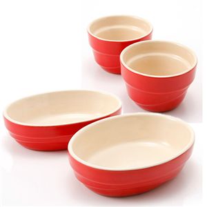 Le Creuset（ル･クルーゼ） ウェーブライン ストーンウェアセット (ラムカン2個&オーバルディッシュ2枚) レッド