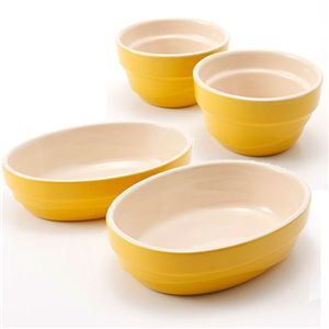 Le Creuset（ル･クルーゼ） ウェーブライン ストーンウェアセット (ラムカン2個&オーバルディッシュ2枚) イエロー