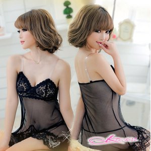 【黒】ストラップ付ベビードールとショーツ・ランジェリー（3点）