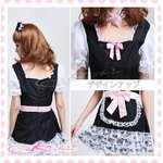 3層白いレース裾のアキバ系メイド服・コスプレ（3点）【黒×ピンクリボン】 