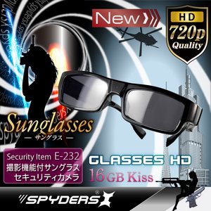 【防犯用】【超小型カメラ】 【小型ビデオカメラ】 メガネ カメラ メガネ型 スパイカメラ スパイダーズX （E-232) サングラス 720P センターレンズ 16GB内蔵