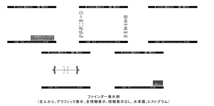 ファインダー表示例（左上から、グラフィック表示、全情報表示、情報表示なし、水準器、ヒストグラム）